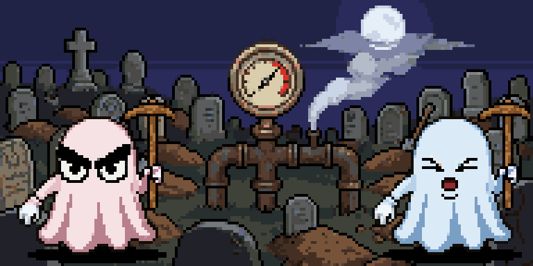 A crowded graveyard full of diggers with a pressure gauge in the red