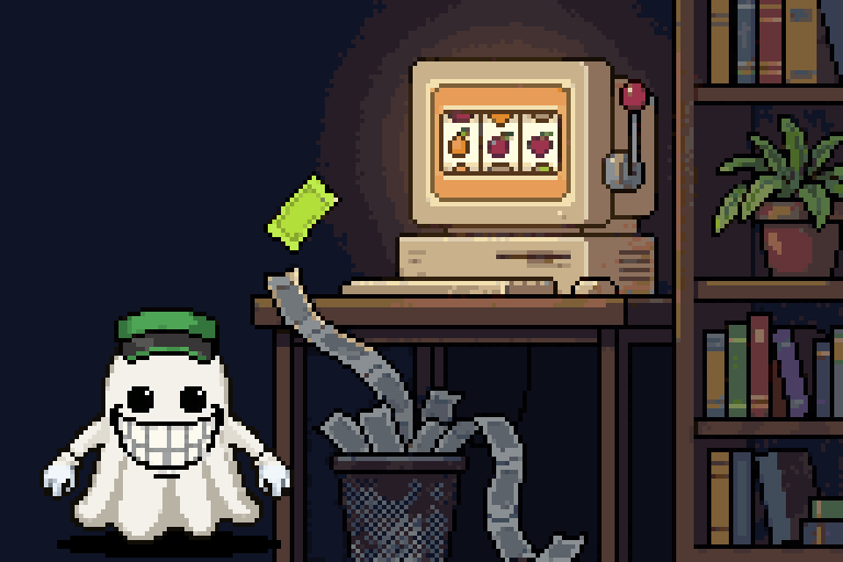 A ghost pulls a lever again and again; grey tickets miss and fall in the bin, one lime ticket hits and a new ghost comes out